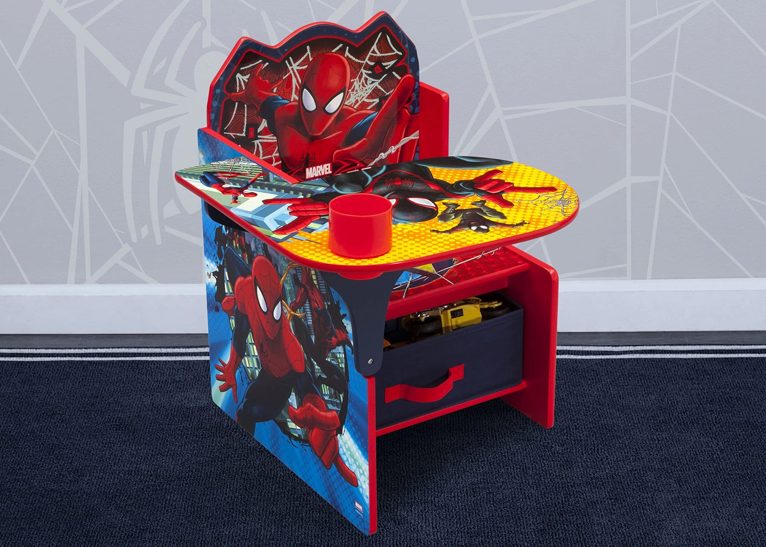 Delta Children Spider-Man chair desk side view emphasizing compact, kid-friendly height for easy access.