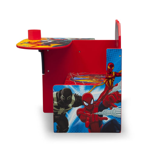 Delta Children Spider-Man chair desk under-seat storage bin, highlighting extra space.