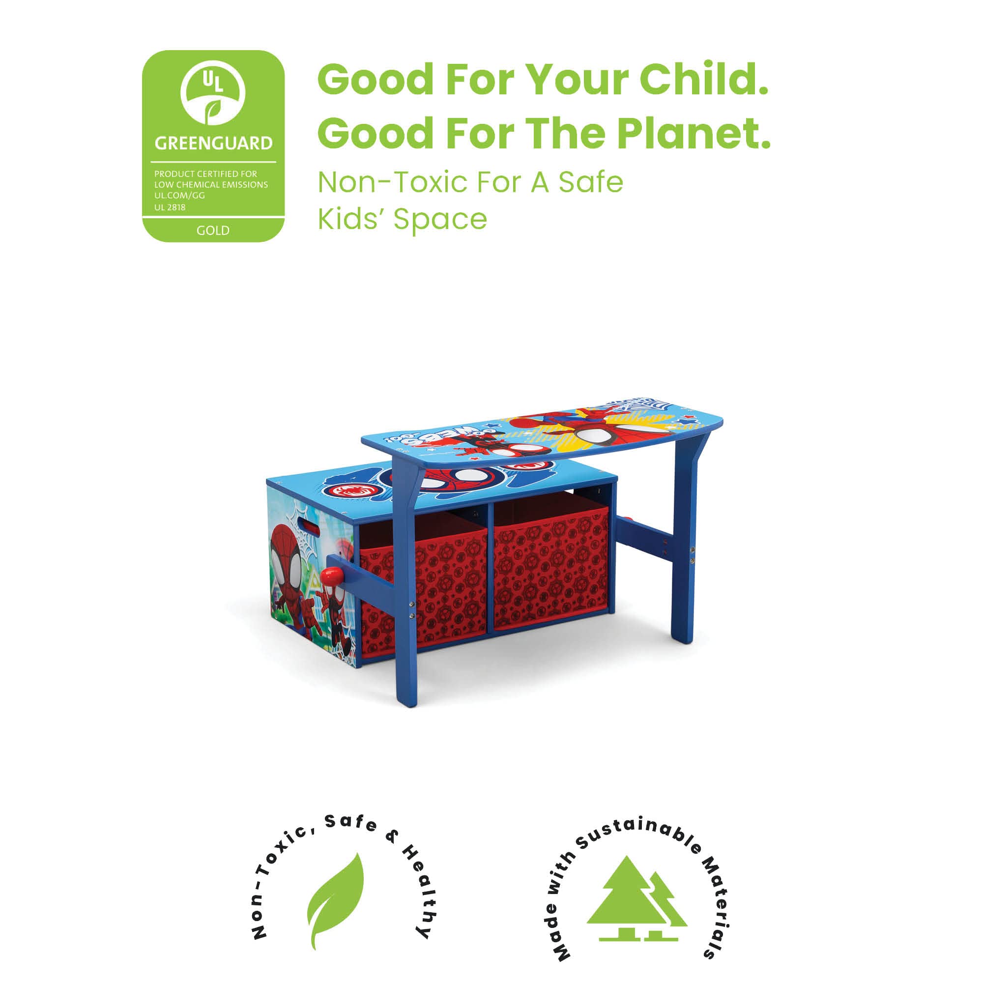 Delta Children Spidey bench assembled highlighting sturdy wood and fabric materials