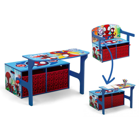 Delta Children Spidey activity bench front view with 2-in-1 desk and storage