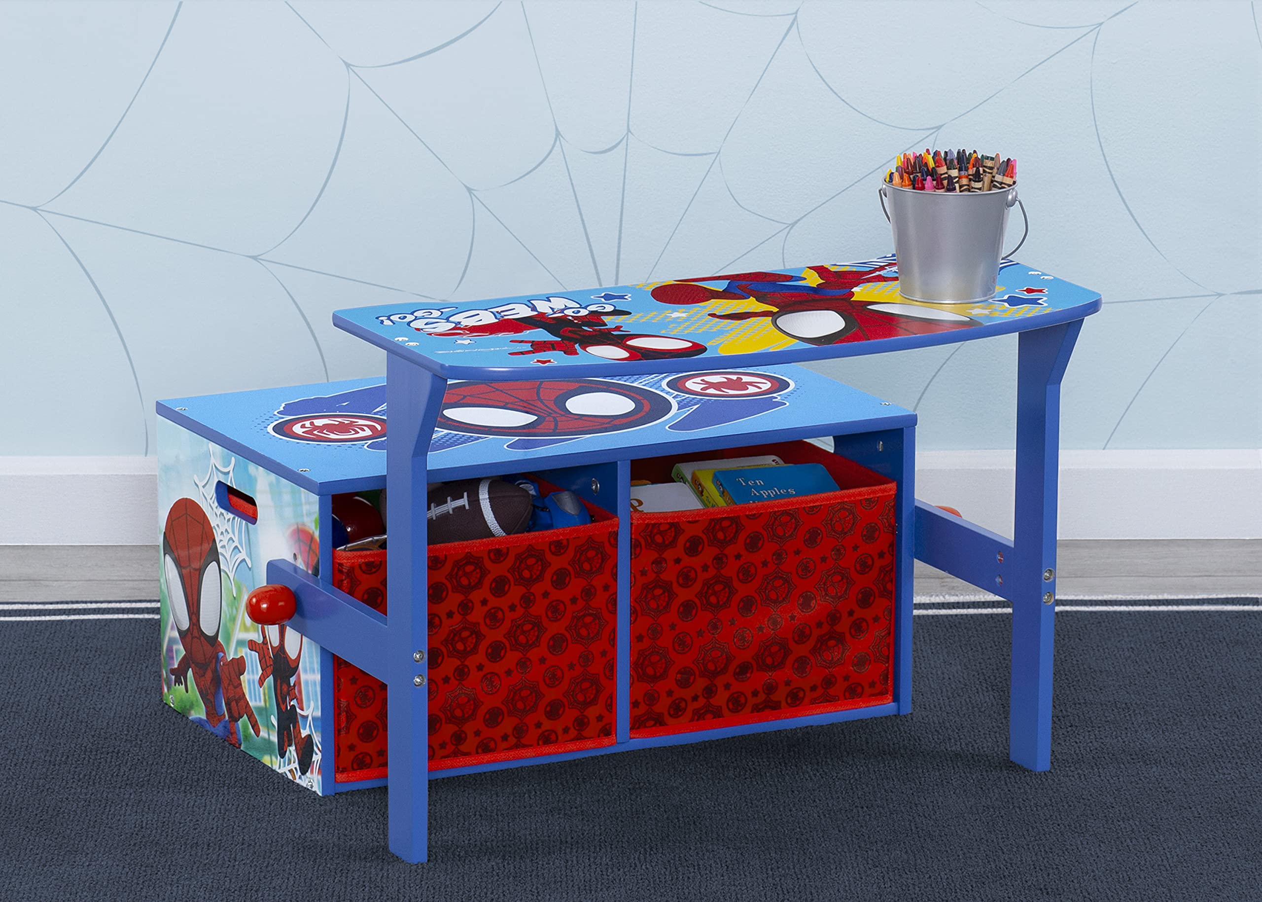 Delta Children Spidey bench showing under-seat fabric storage bins