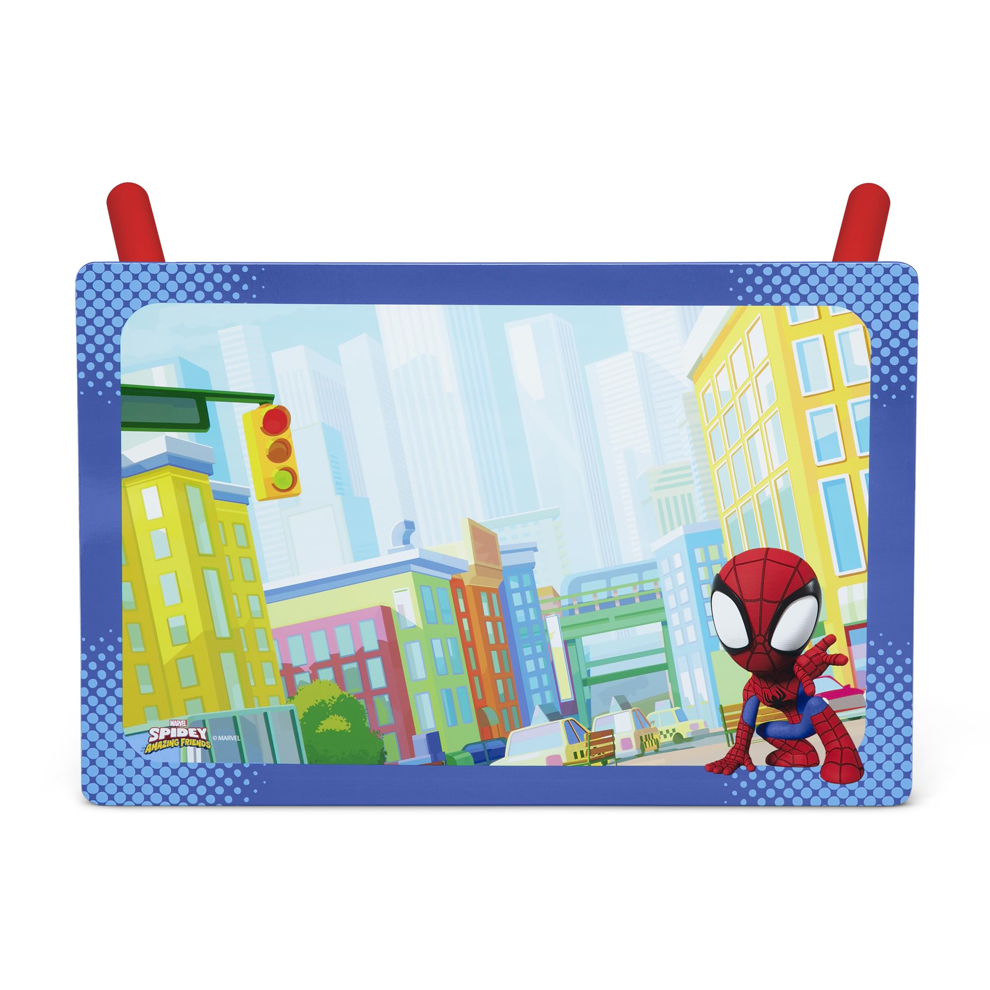 Delta Children Spidey graphics close-up; Spider-Man characters.
