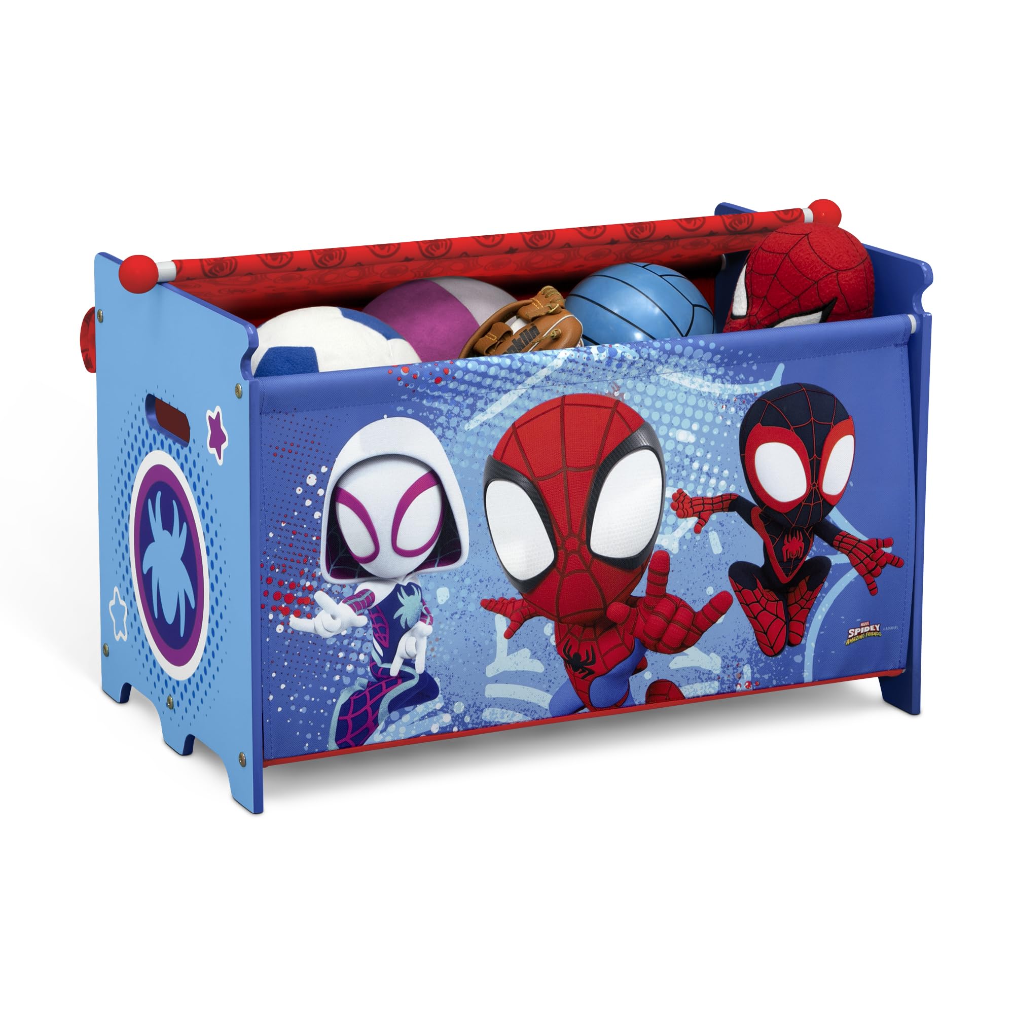 Delta Children Spidey toy box closed; bright design and lid.