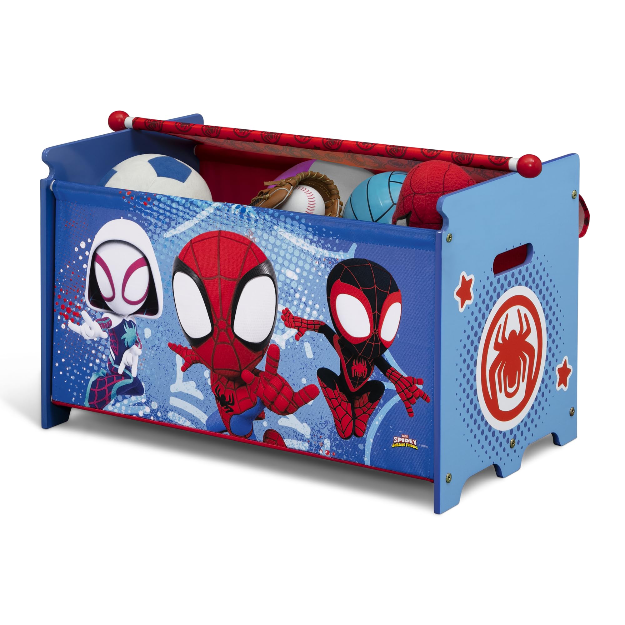 Delta Children Spidey toy box dimensions highlight spacious interior.