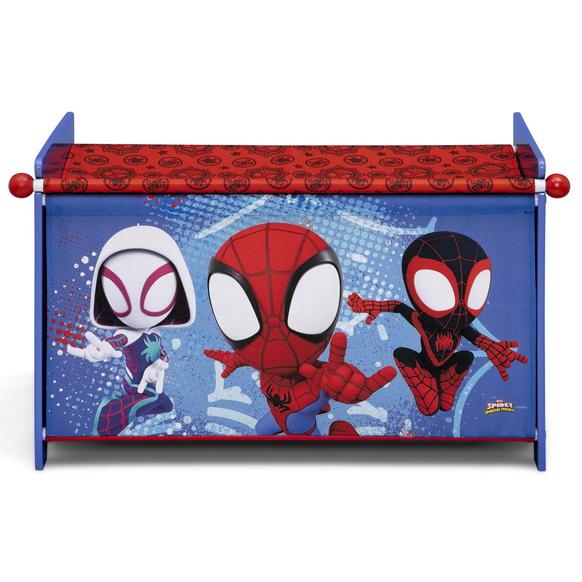 Delta Children Spidey toy box durable wood construction for lasting use.