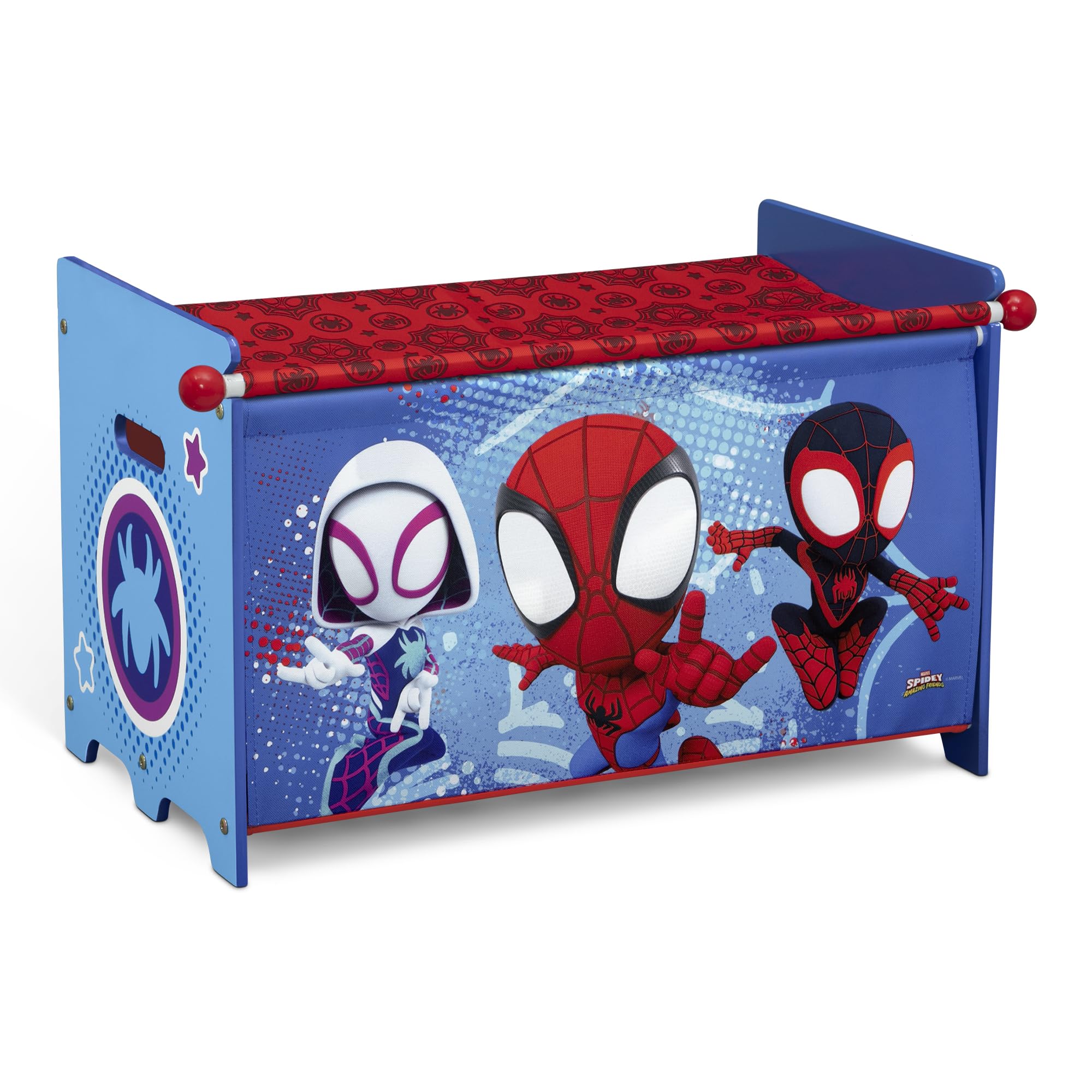 Delta Children Spidey toy box front view for organized playroom storage.