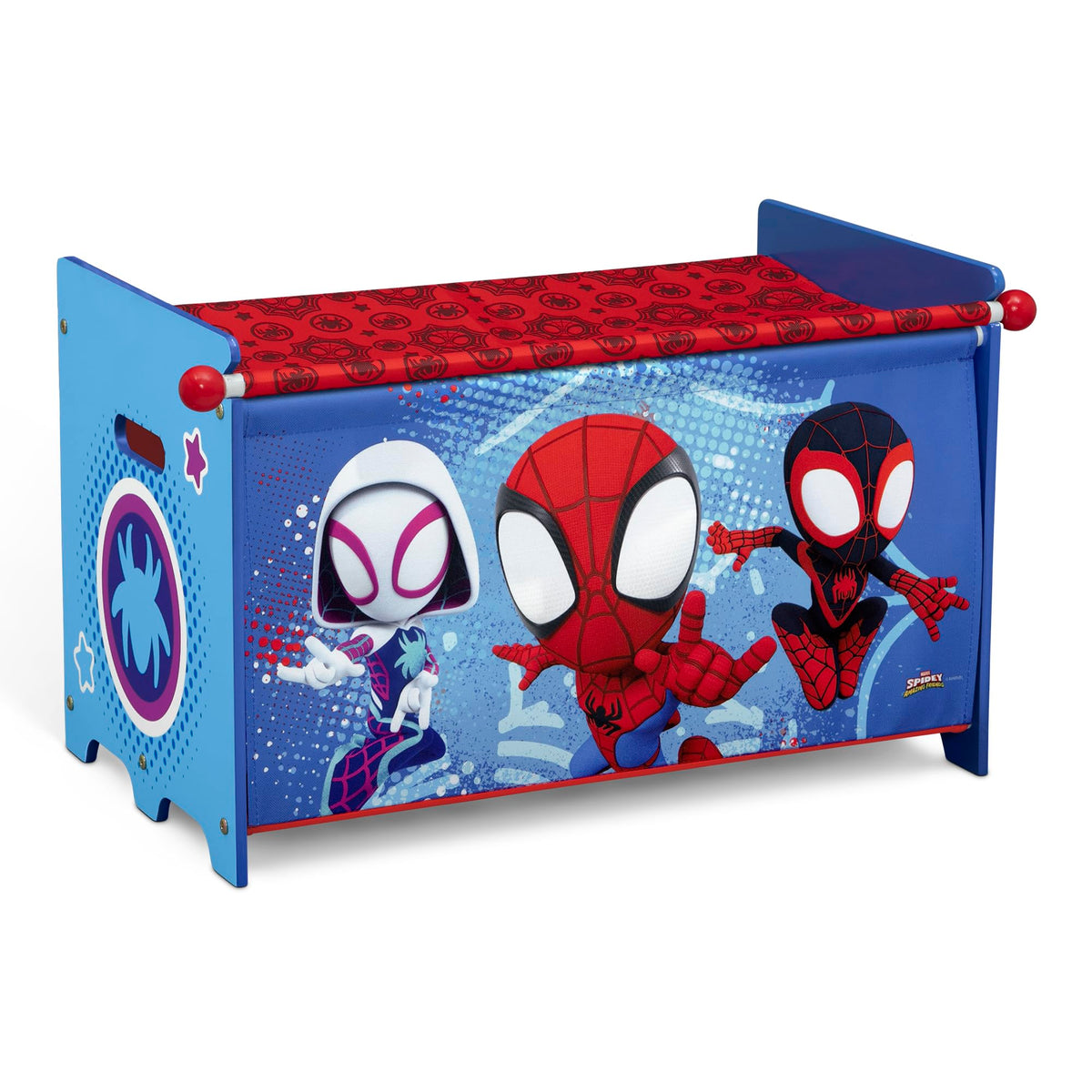 Delta Children Spidey toy box front view for organized playroom storage.