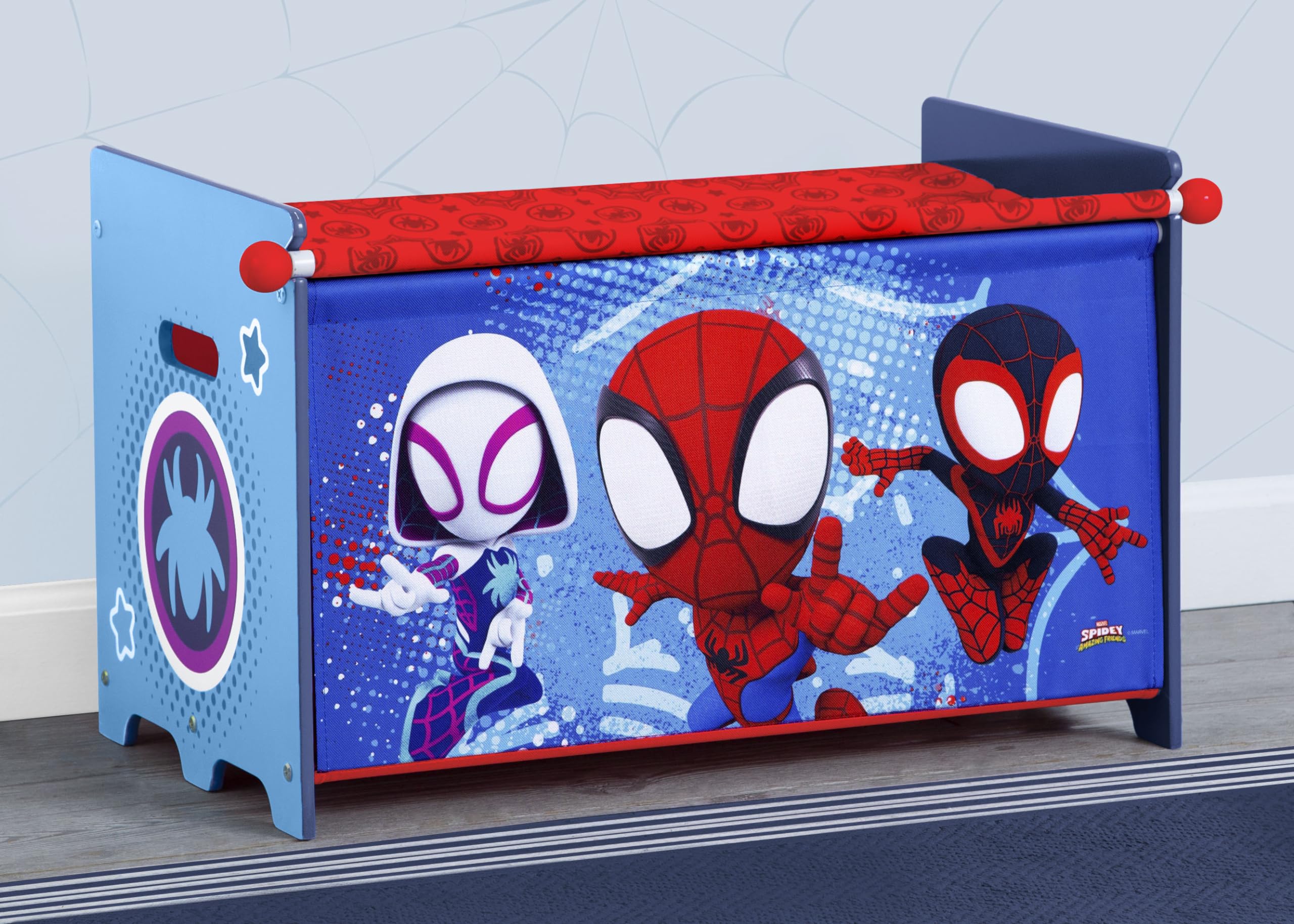Delta Children Spidey toy box graphics showing vibrant Spider-Man appeal for kids.