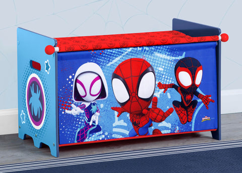 Delta Children Spidey toy box graphics showing vibrant Spider-Man appeal for kids.