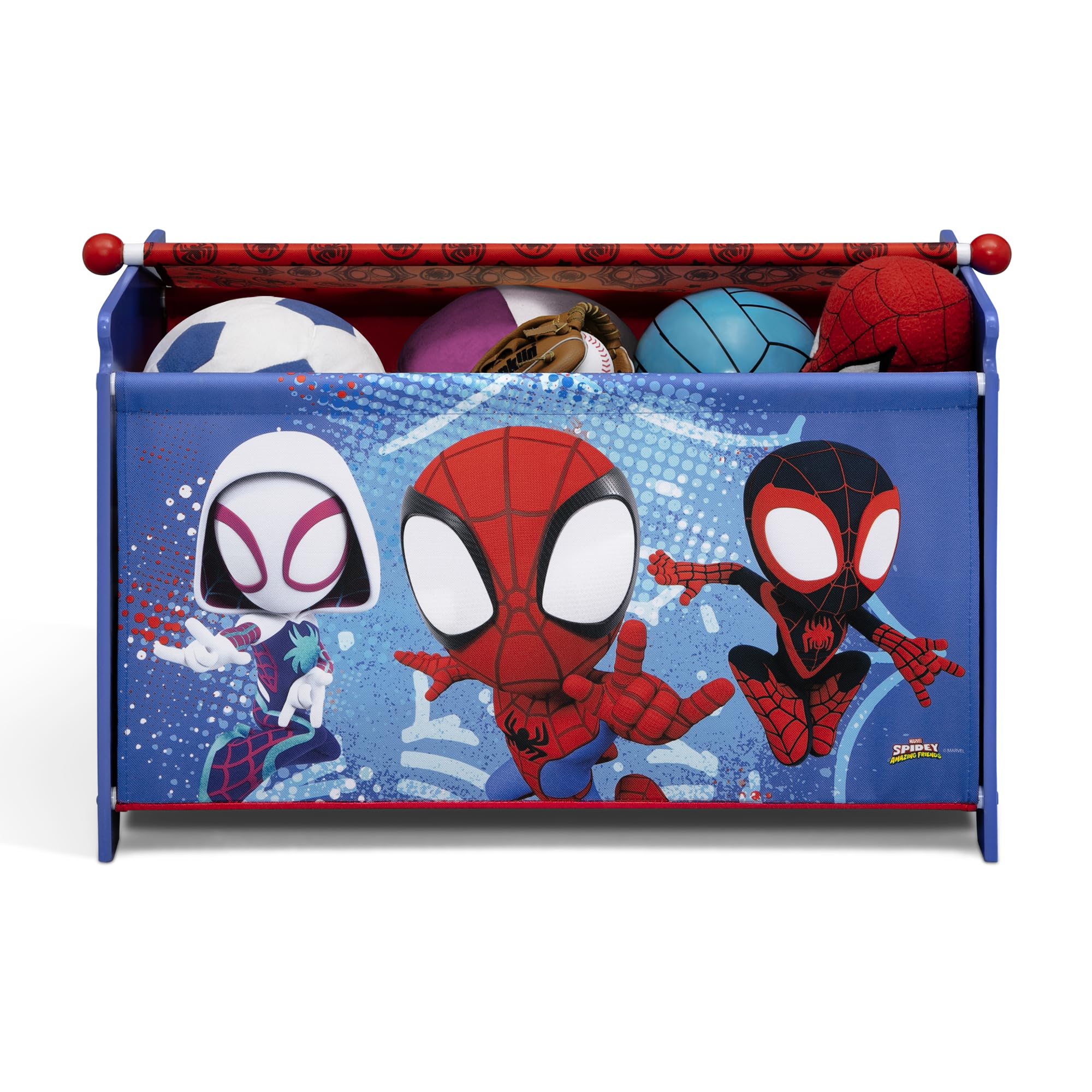 Delta Children Spidey toy box open interior for simple cleanup.