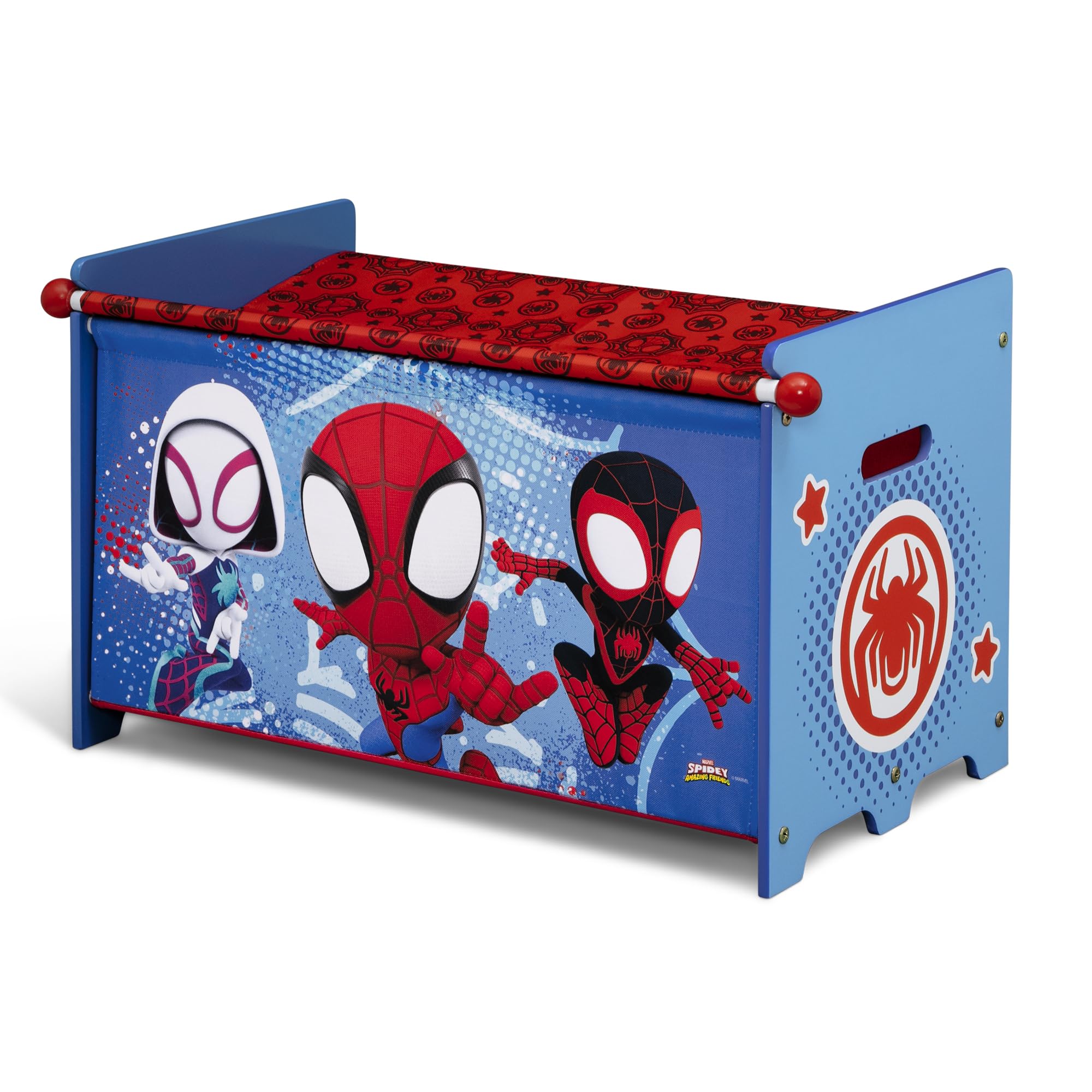 Delta Children Spidey toy box rounded edges enhance child safety.