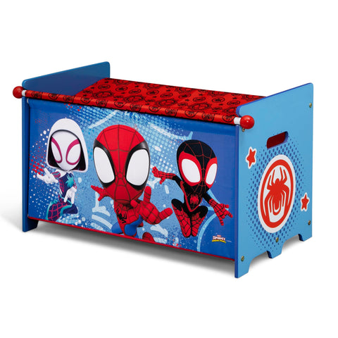 Delta Children Spidey toy box rounded edges enhance child safety.