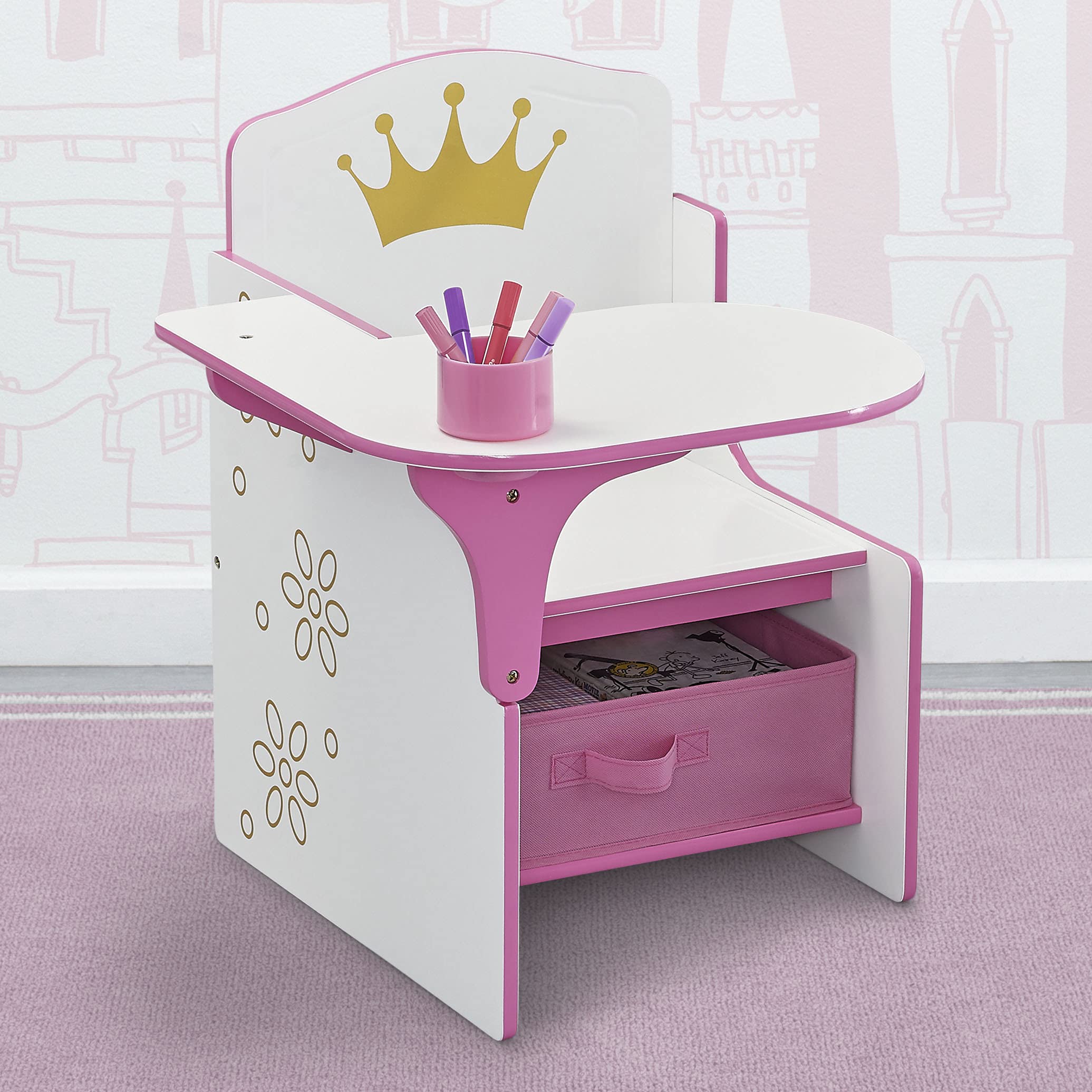 Delta Children storage bin under seat keeps art supplies organized.