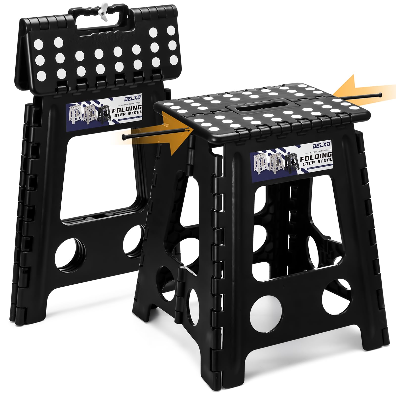 Delxo 16-inch folding stool closed for compact storage and easy carry
