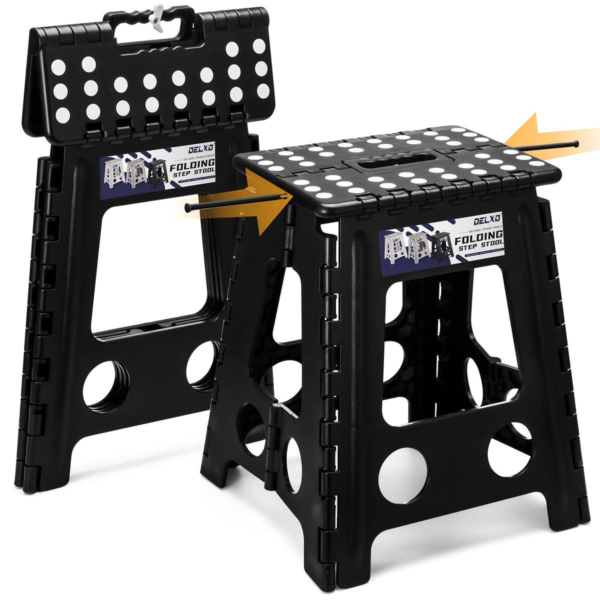 Delxo 16-inch folding stool closed for compact storage and easy carry