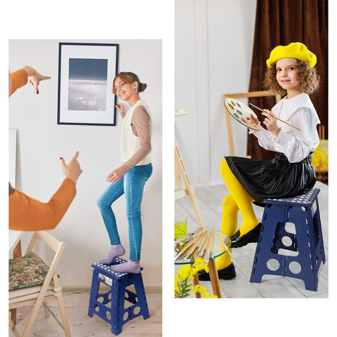 Delxo foldable stool open-fully-extended view provides stable height for tall shelves.