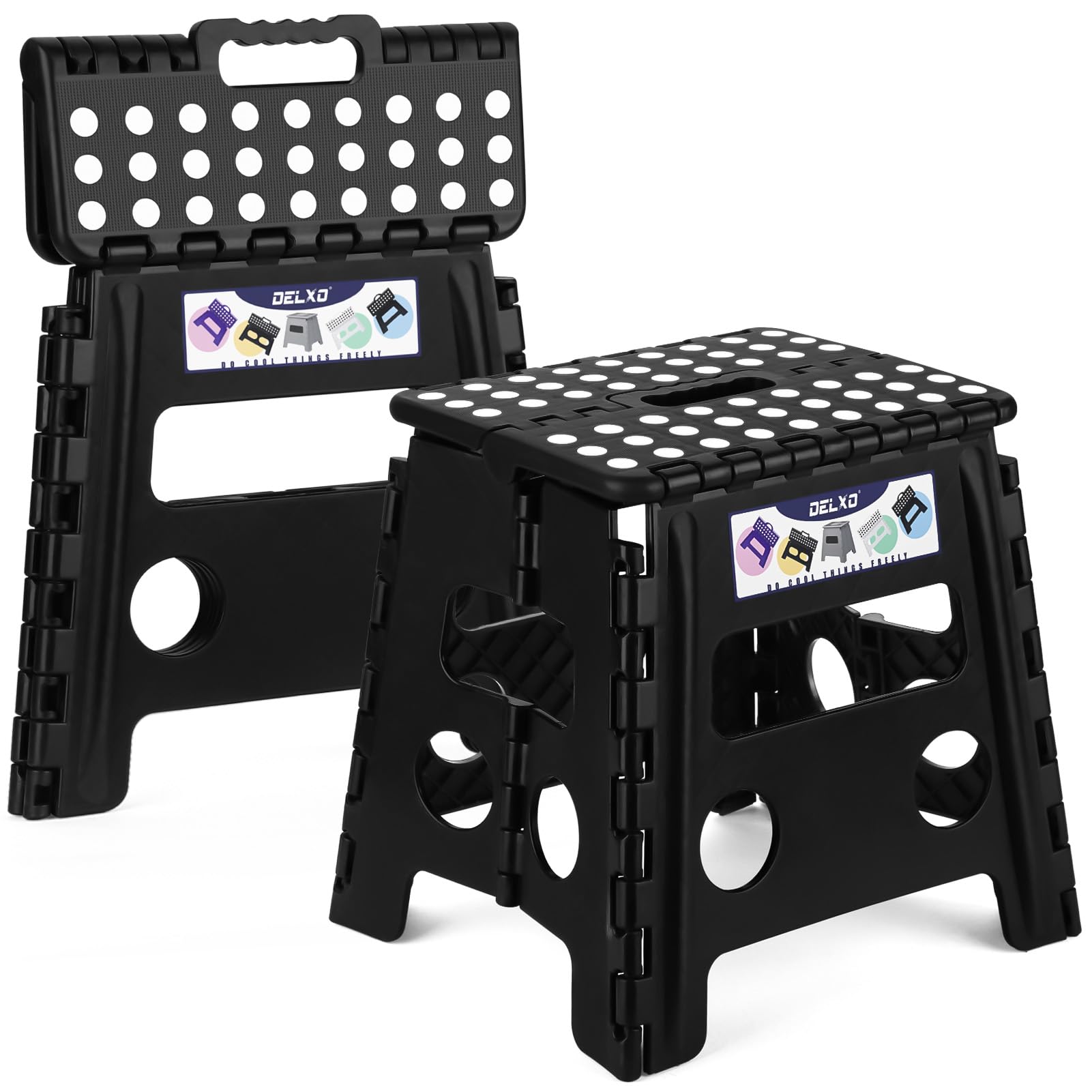 Delxo folding stool open with non-slip surface for kitchen and bathroom tasks.