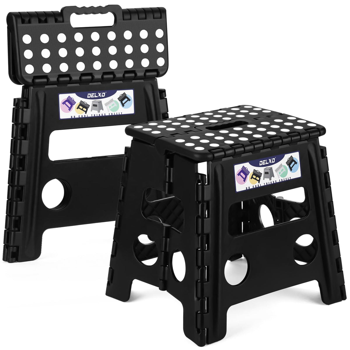 Delxo folding stool open with non-slip surface for kitchen and bathroom tasks.