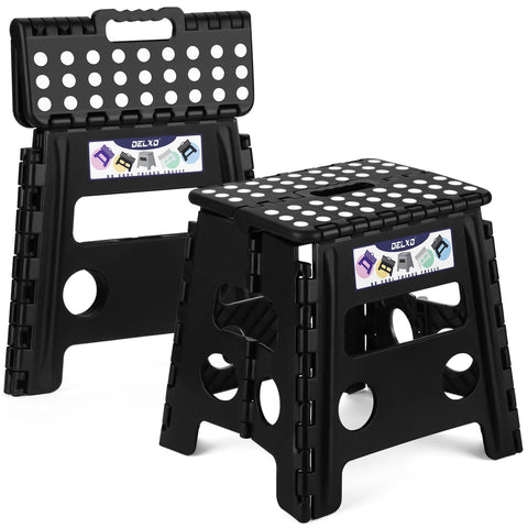 Delxo folding stool open with non-slip surface for kitchen and bathroom tasks.