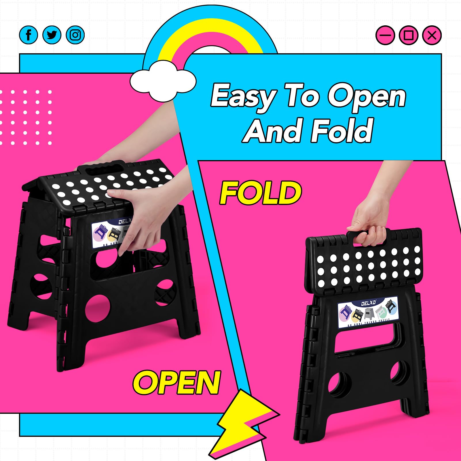 Delxo folding stool suitable for outdoor use like gardening or camping.