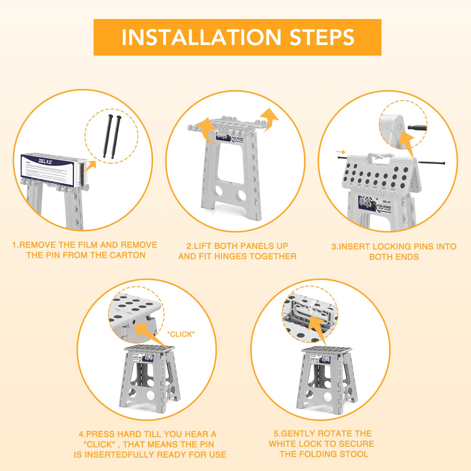Delxo stool in kitchen setup for reaching high shelves