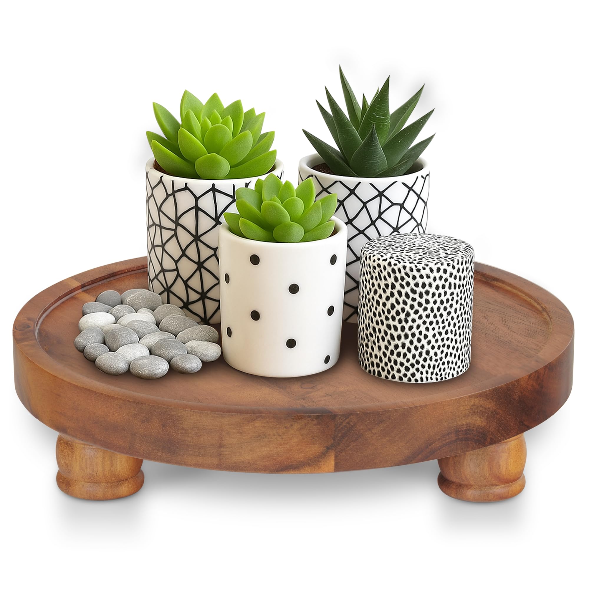 Demigo 10-inch acacia round tray used as a stylish countertop display stand.