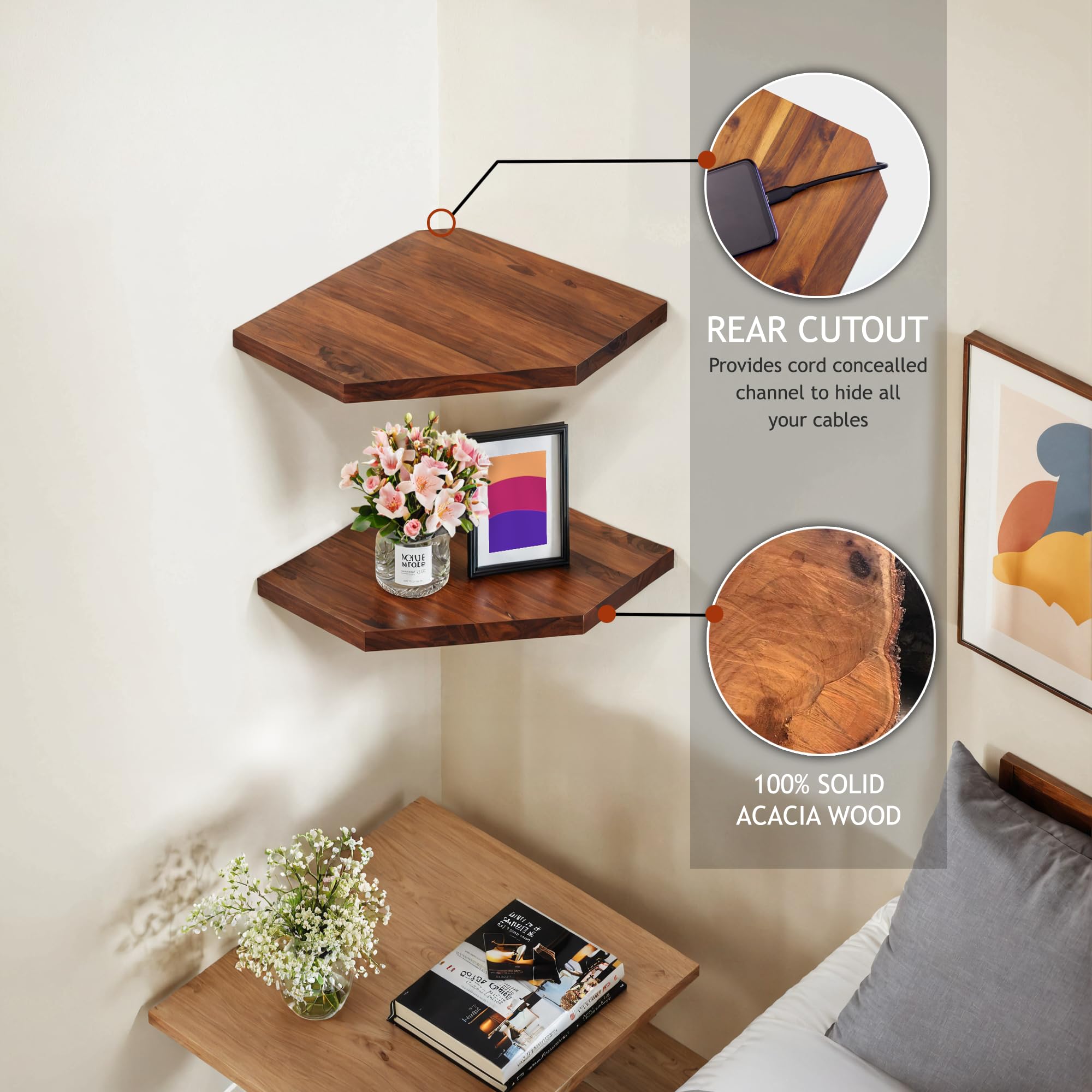 Demigo acacia wood corner shelf notch for cable management keeps cords tidy.