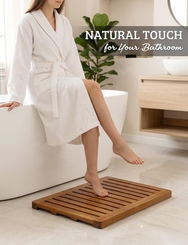 Demigo acacia wood mat showing drainage groove that channels water away