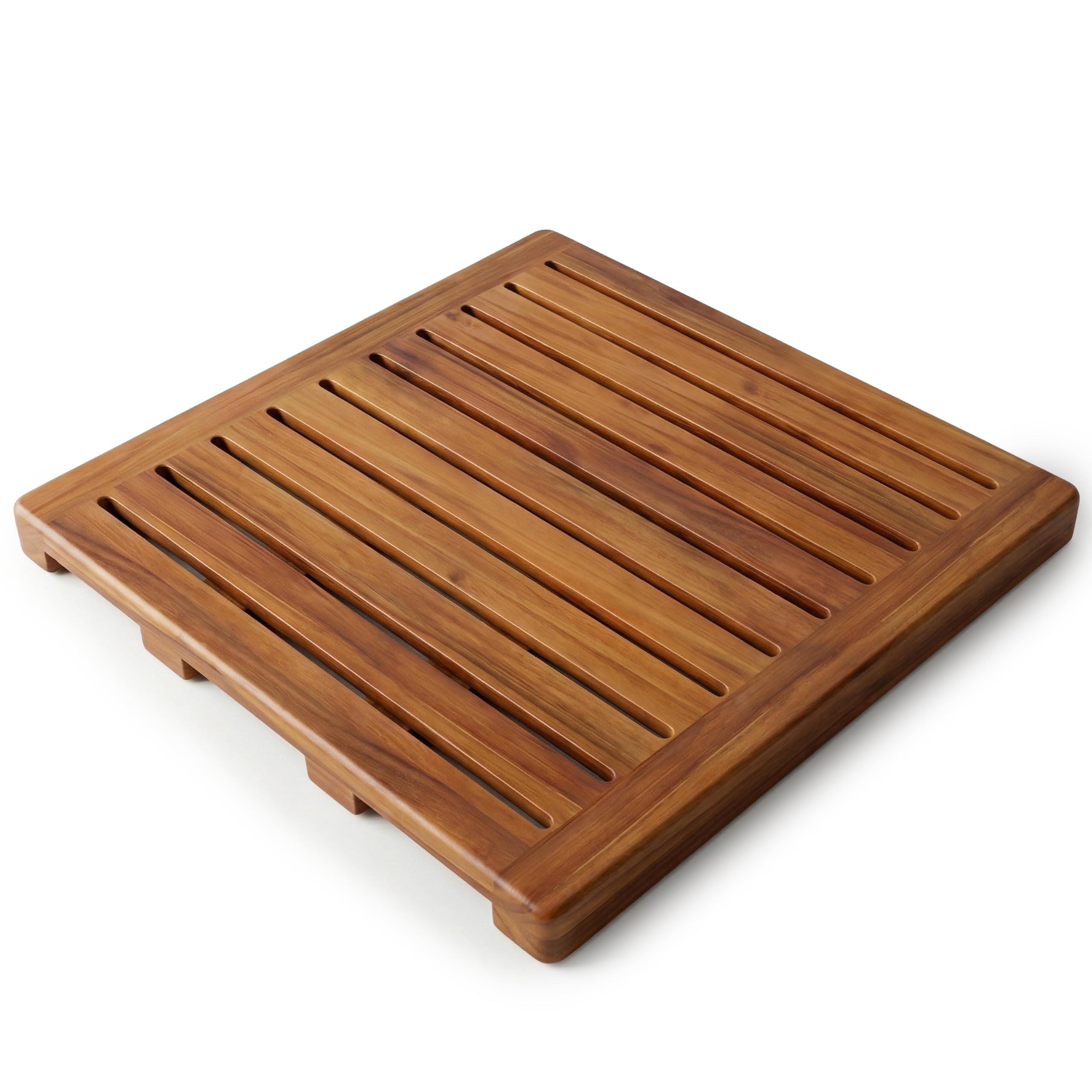 Demigo Acacia Wood Shower Mat close-up reveals warm grain and waterproof finish.
