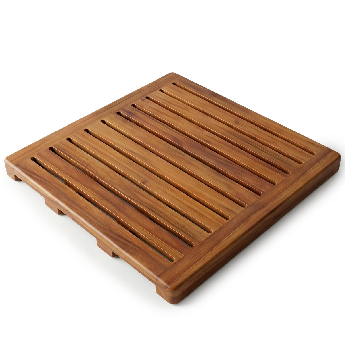 Demigo Acacia Wood Shower Mat close-up reveals warm grain and waterproof finish.