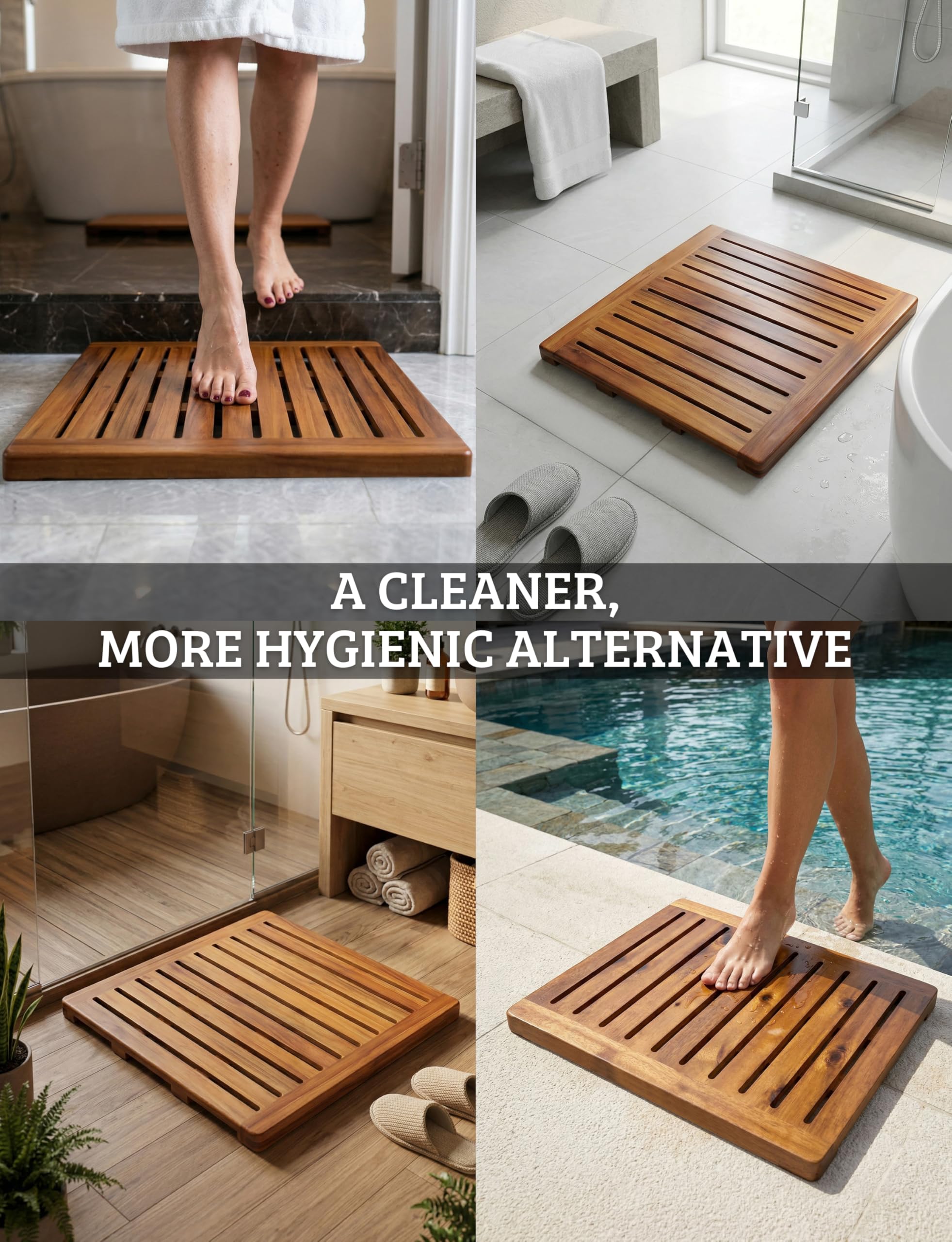 Demigo mat complements bathroom and spa setups with elegant wood style.