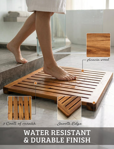 Demigo Acacia Wood Shower Mat wood grain adds natural warmth to decor.