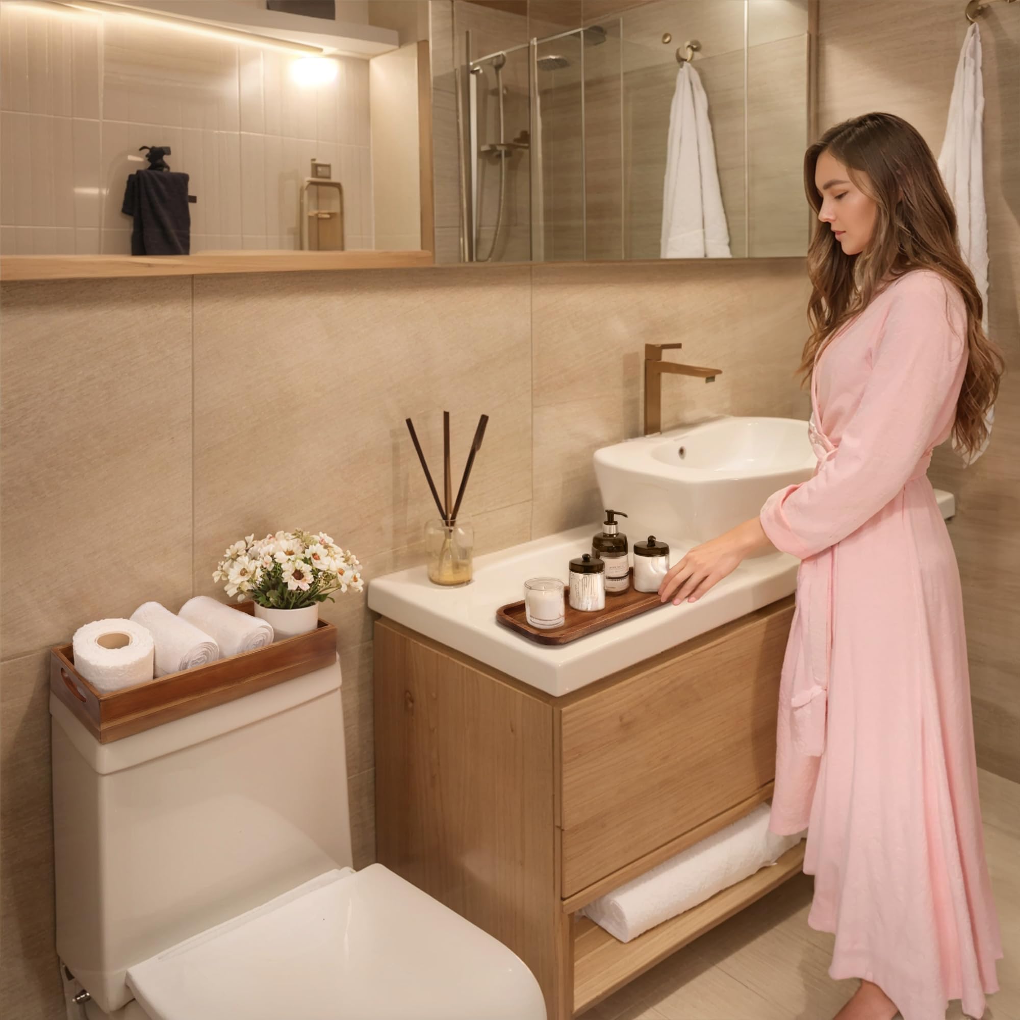 Demigo bathroom decor set displayed on a counter with towels and candles