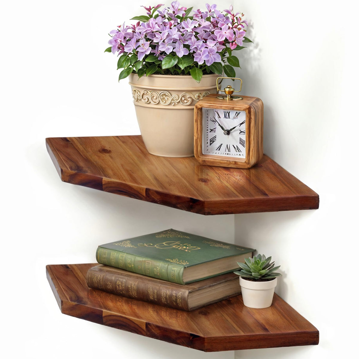 Demigo corner shelf wall mount set shows two sturdy acacia shelves for space-saving storage.