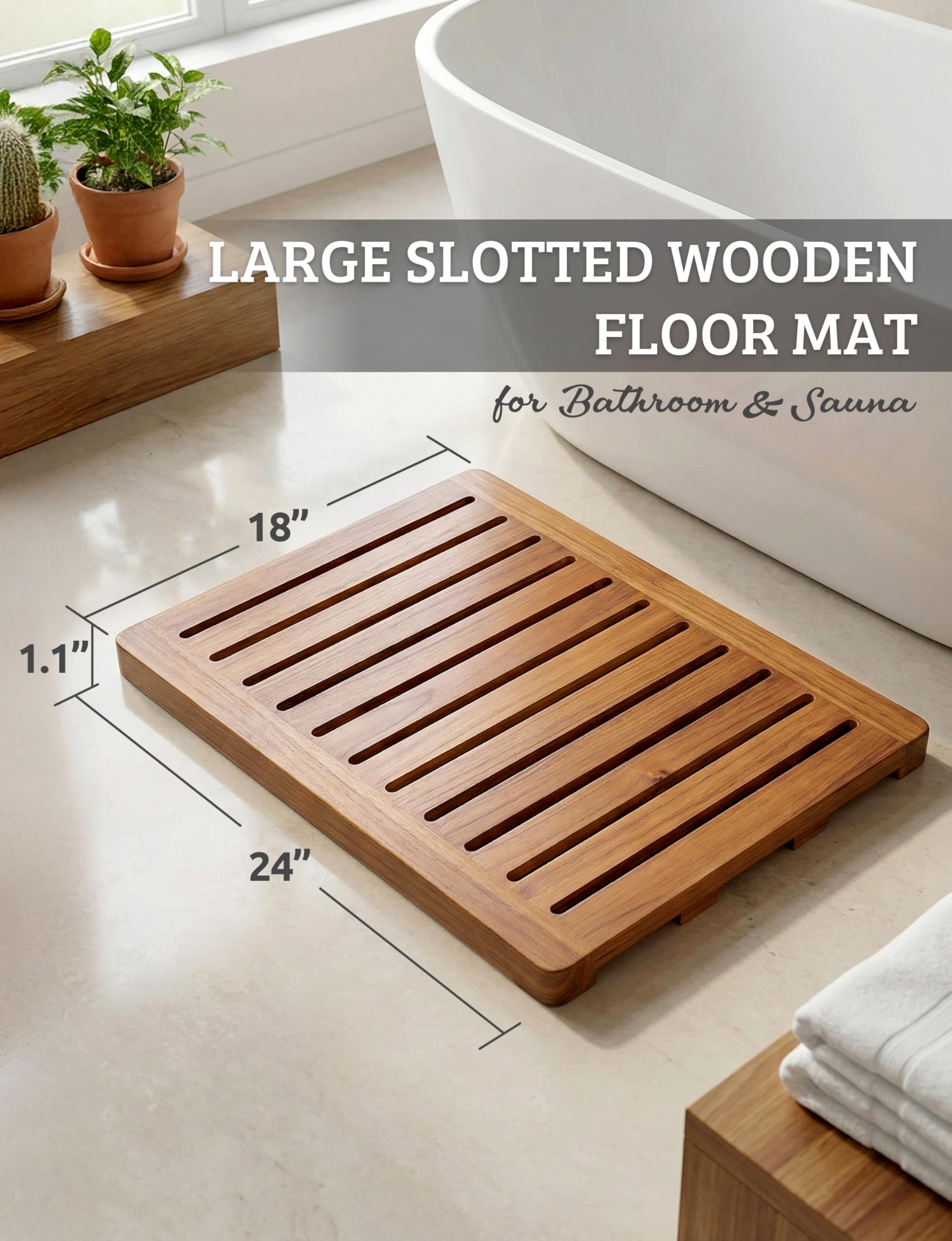 Demigo wooden bath mat with non-slip bottom feet protecting floor surfaces