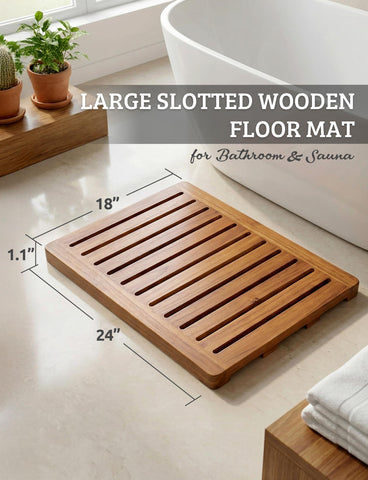 Demigo wooden bath mat with non-slip bottom feet protecting floor surfaces