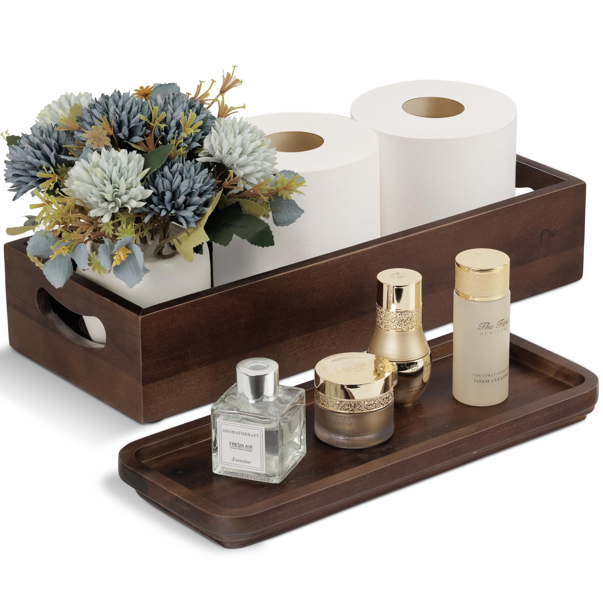 Demigo toilet tank basket topper in natural acacia wood for stylish bathroom organization.