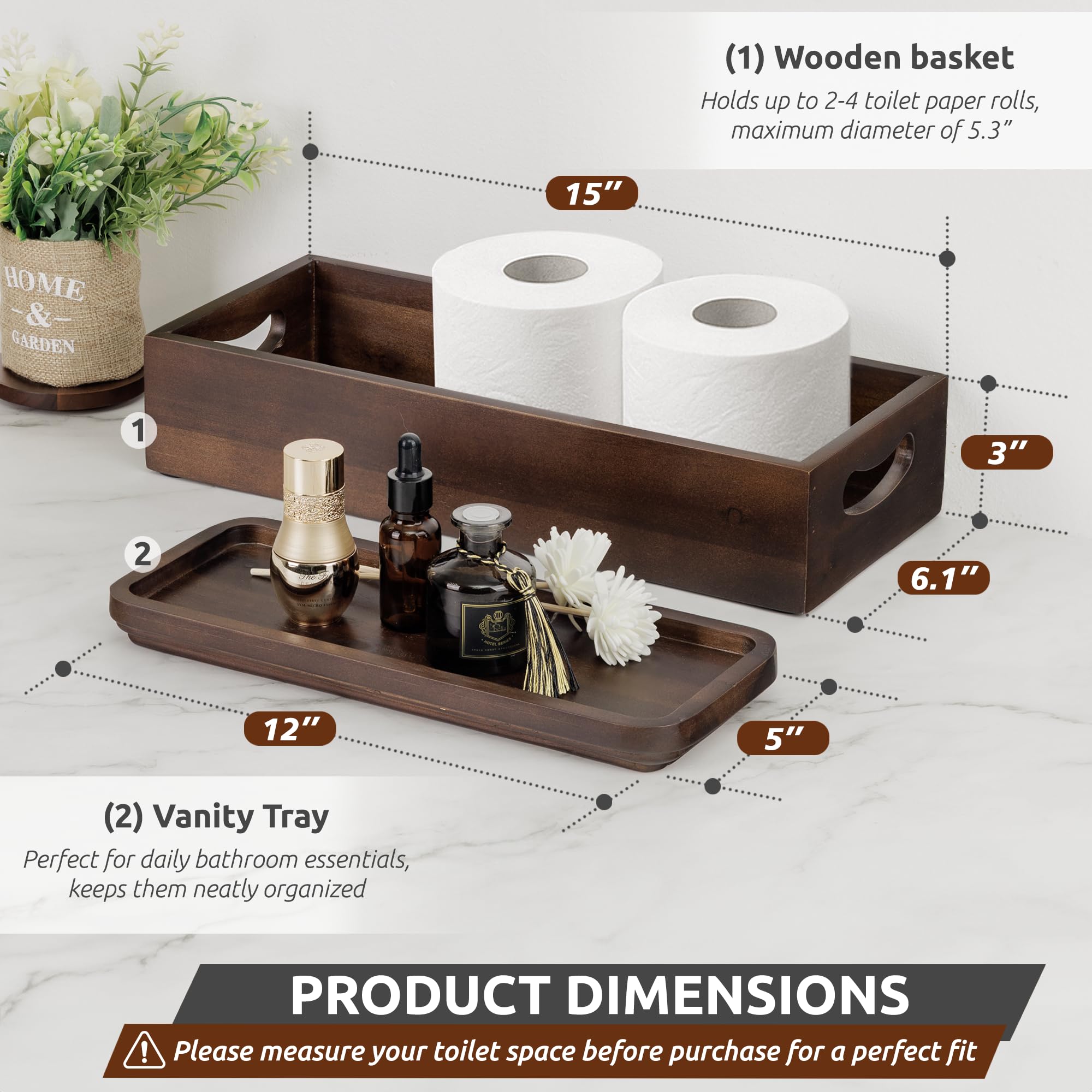 Demigo vanity tray in acacia wood adds durable, elegant countertop display.