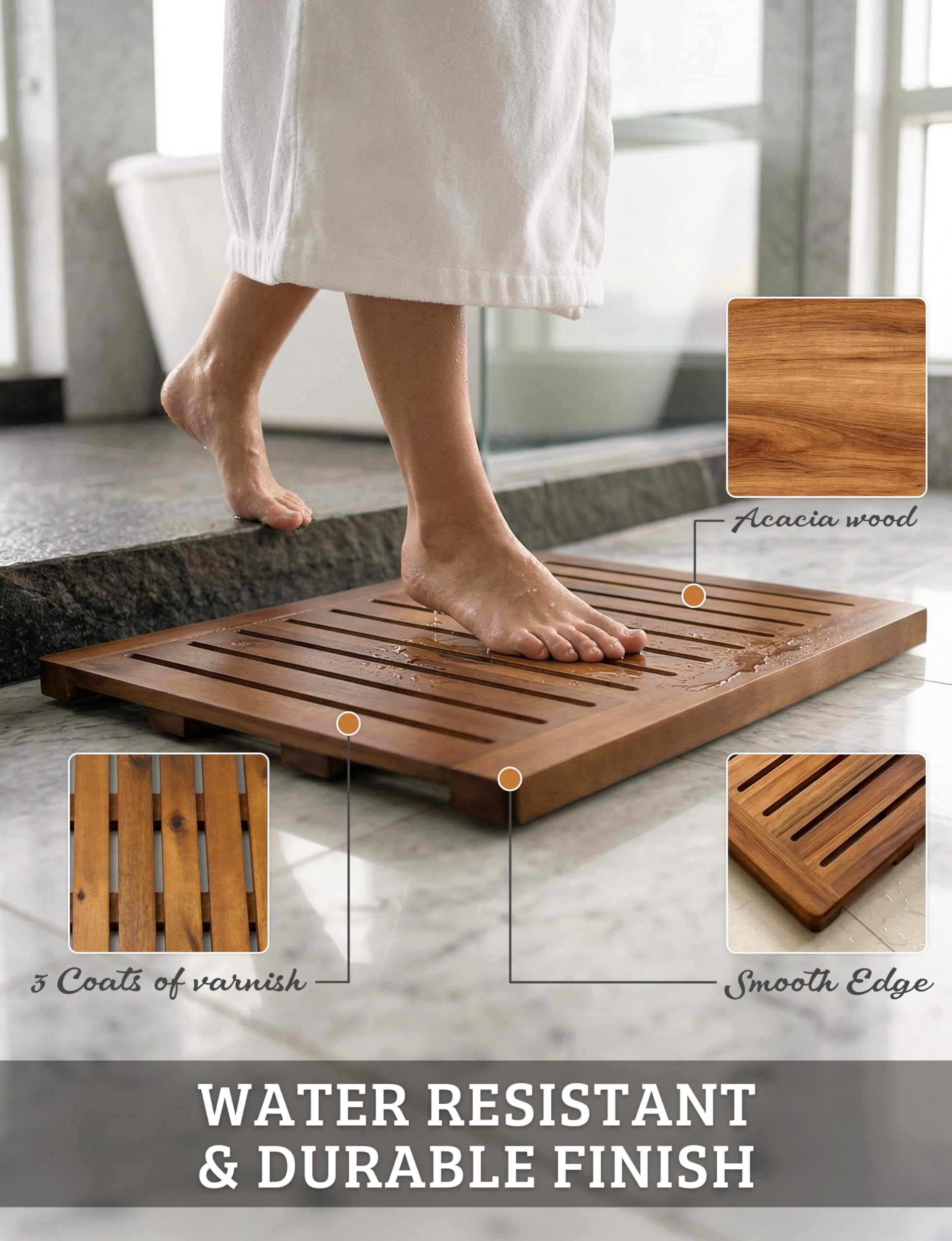 Demigo acacia wood mat placed indoors and outdoors for versatile use