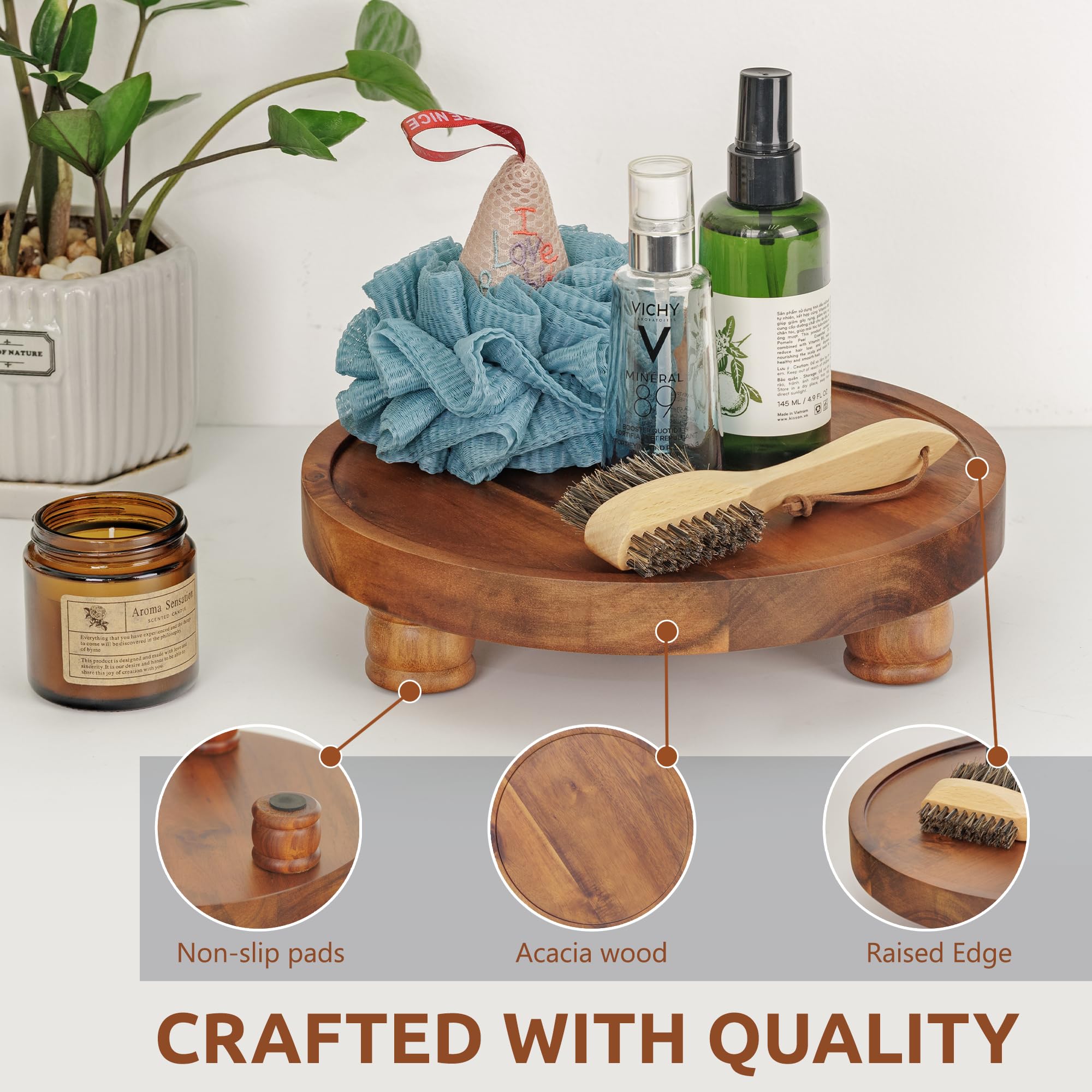 Demigo wood soap stand keeps bathroom essentials neat and accessible.