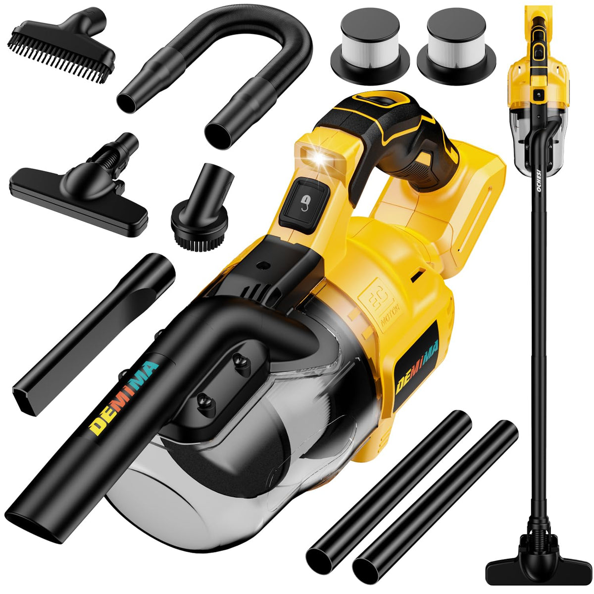 DEMIMA cordless vacuum front view highlighting compact handheld design for quick cleans.