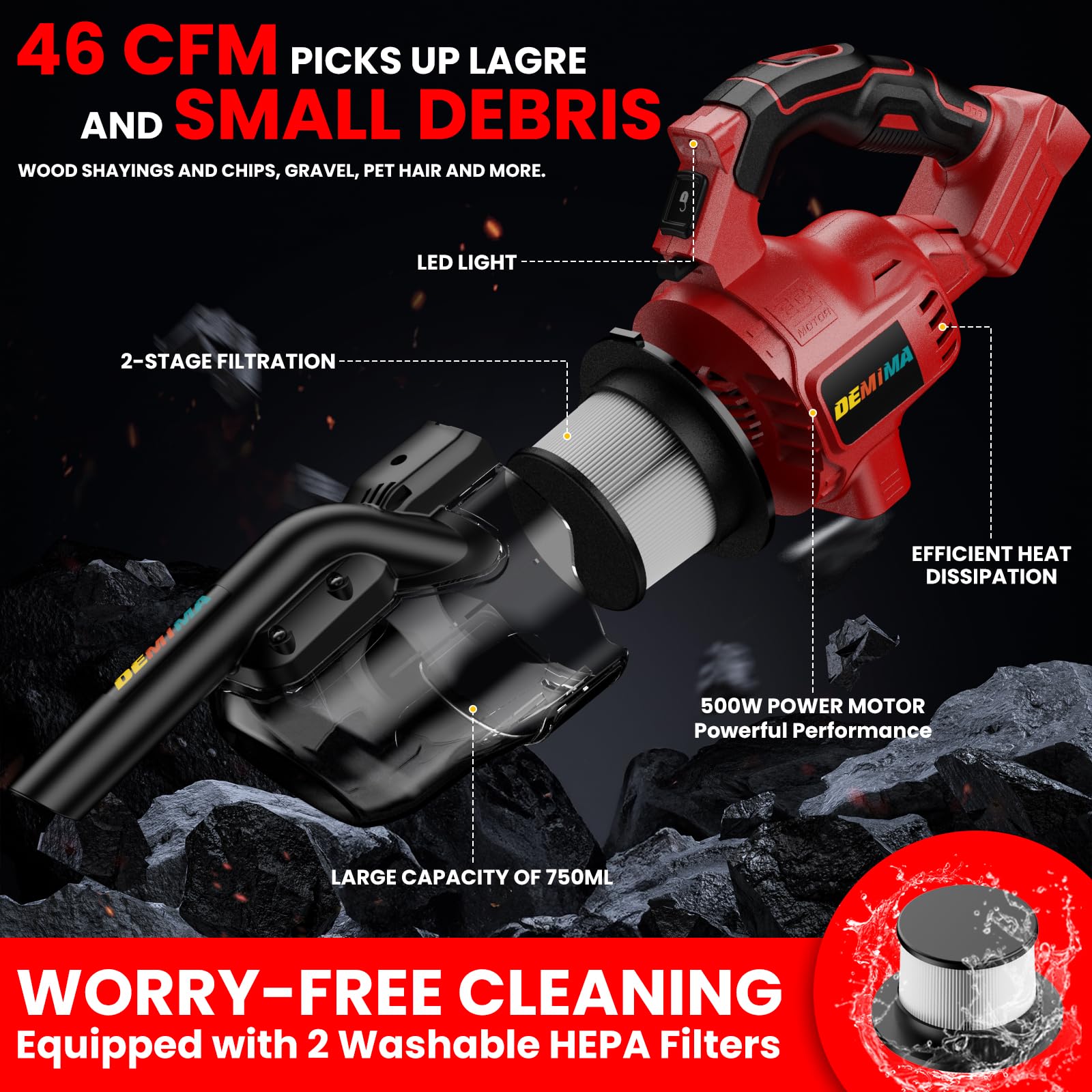 DEMIMA floor nozzle powers through carpets and hard floors with strong suction