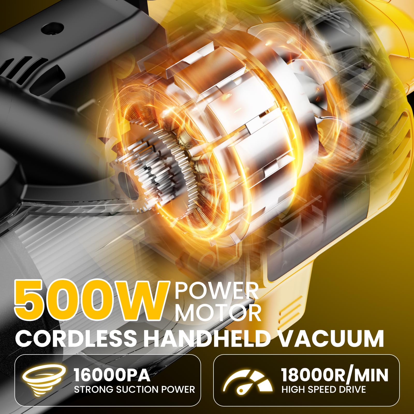 DEMIMA cordless vacuum motor-turbine detail shows 500W power and high rpm cleaning capability.
