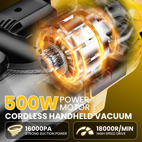 DEMIMA cordless vacuum motor-turbine detail shows 500W power and high rpm cleaning capability.
