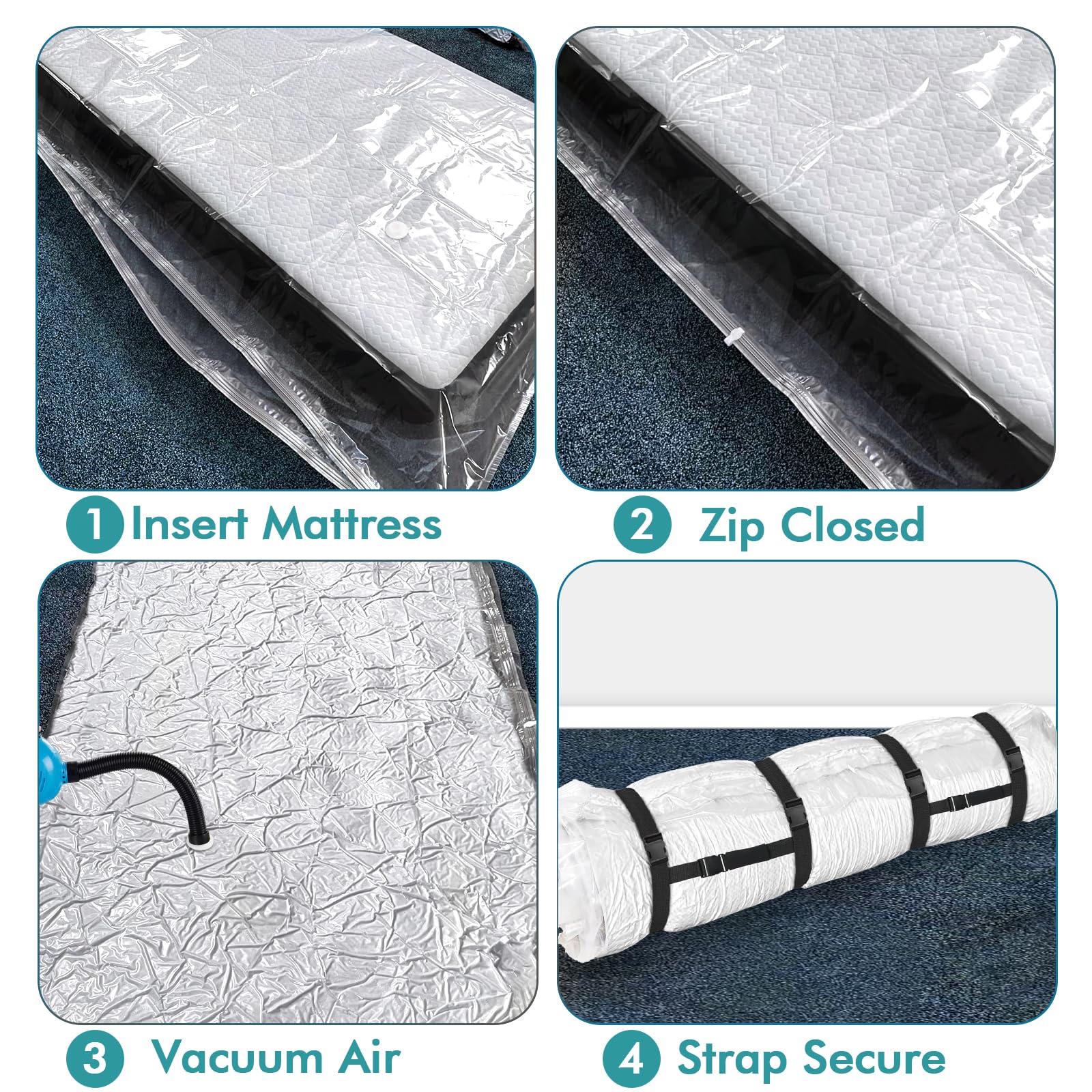 Demine double-zip and stay-on clip seal keeps mattress bag secure.