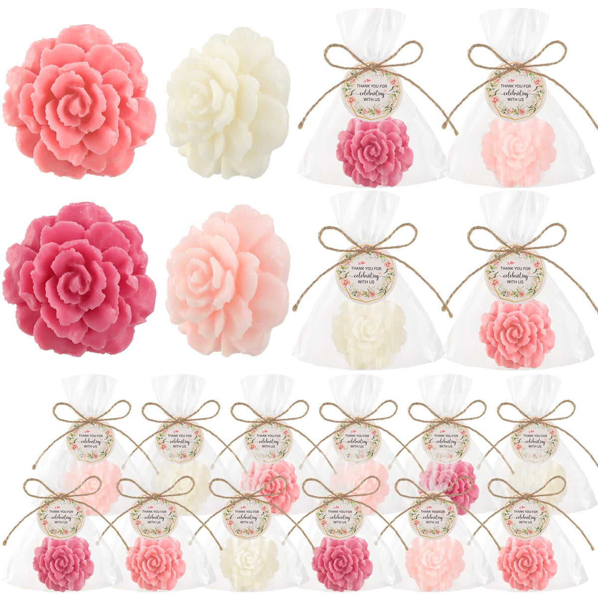 Demissle rose flower soap favor, wrapped for guest gifting at baby showers.