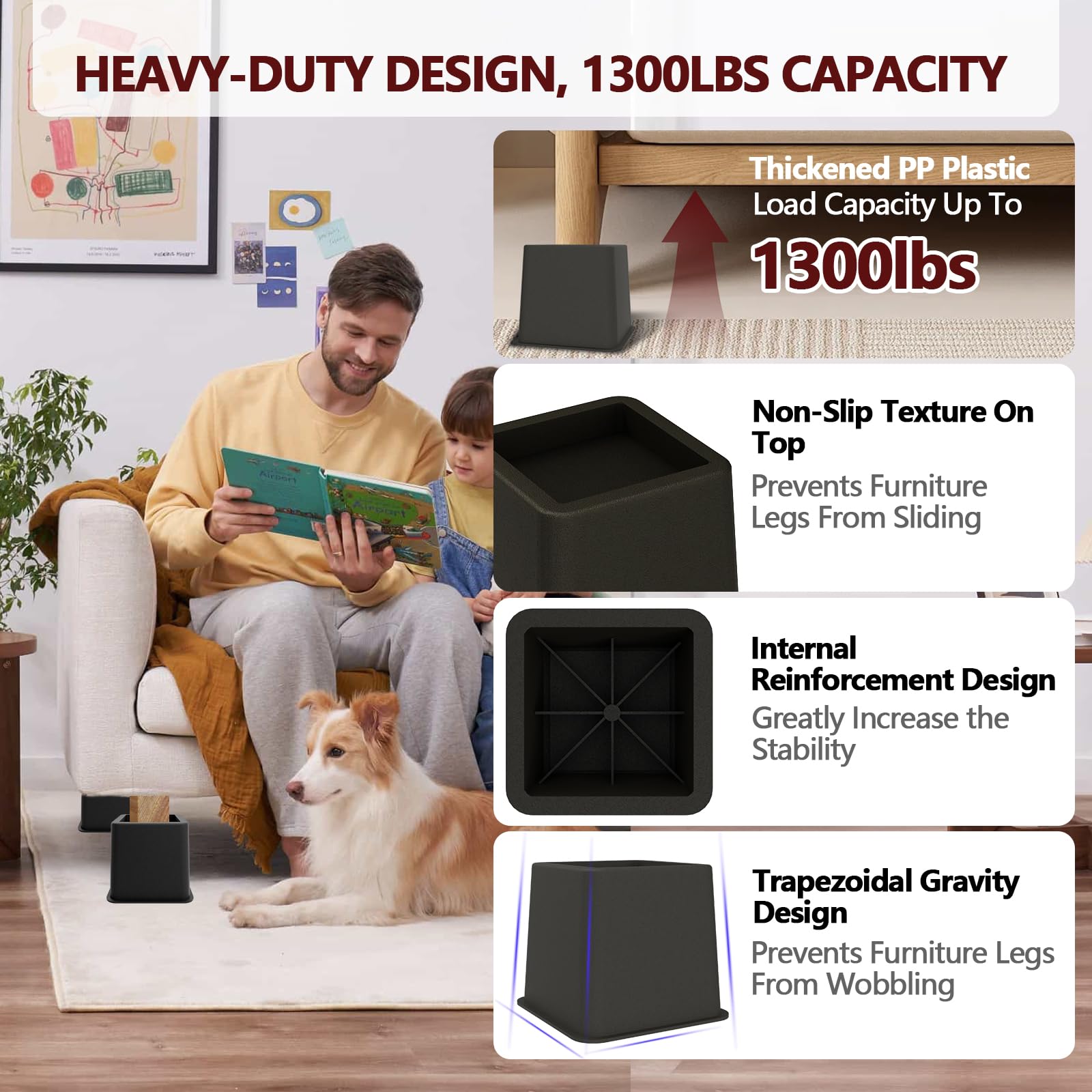 Demiwise risers fit square and round legs up to 2.77 inches
