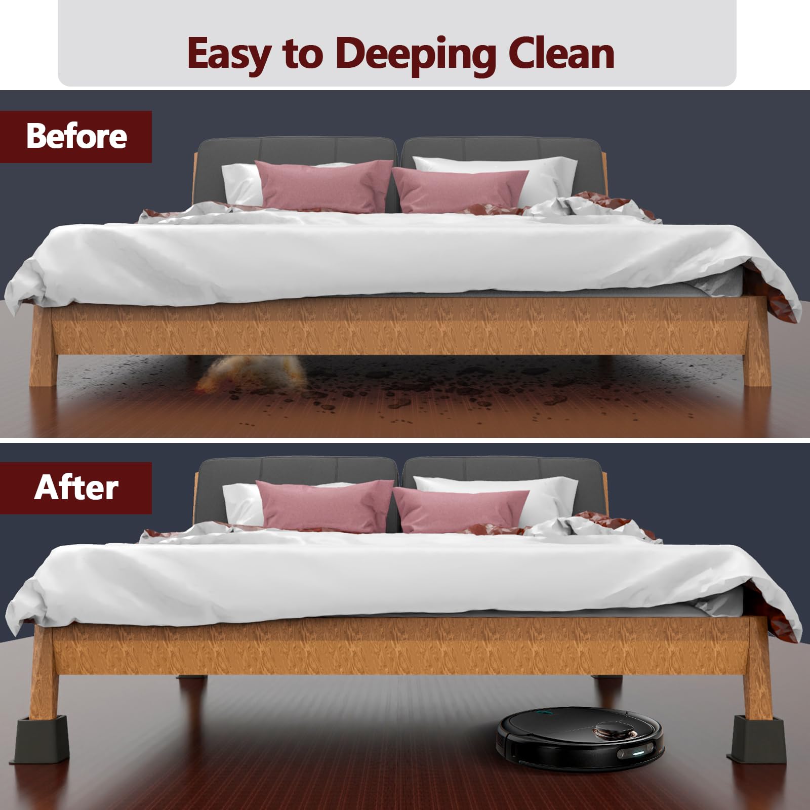 Demiwise risers create under-bed storage and easier cleaning