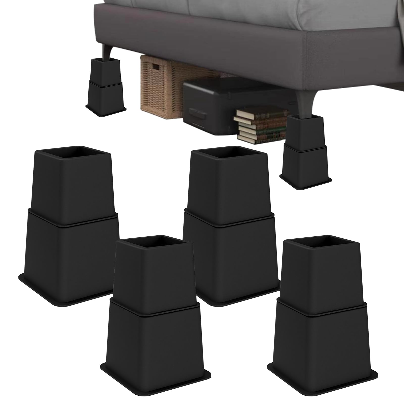 Demiwise heavy-duty bed risers at 8-inch height elevating the bed for storage