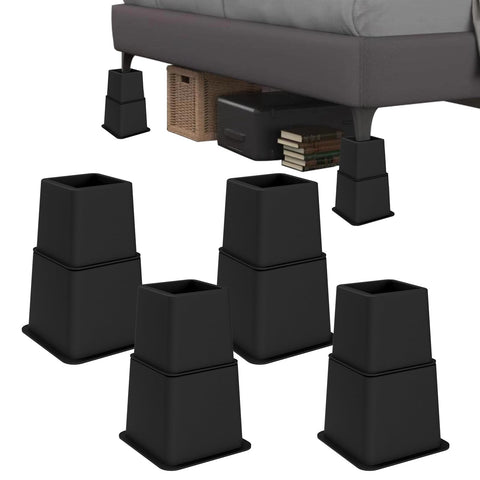Demiwise heavy-duty bed risers at 8-inch height elevating the bed for storage
